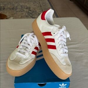 Adidas White and Red Gum Sole Sneakers